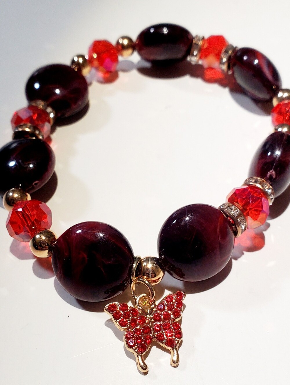 Gold Butterfly Charm Bracelet - Red Glass Beaded Women's Jewelry